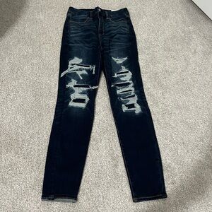 American Eagle next level stretch curvy super hi-rise, shadow patched blues